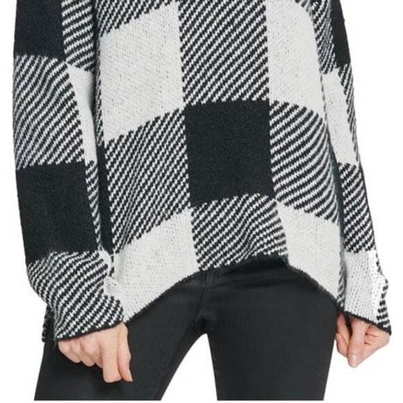 DKNY Women Sweater M Black white Striped High Low Hem Plaid turtleneck NWT - Picture 1 of 15